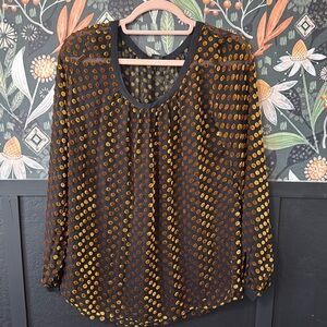 Club Monaco Black and Gold Graphic Long Sleeve Blouse